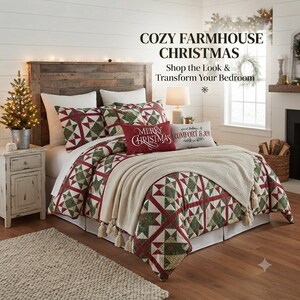 May include: A bed featuring a quilt with a red, green, and white star pattern, a red rectangular pillow with the text MERRY CHRISTMAS, and a white rectangular pillow with the text COMFORT & JOY, topped with a cream-colored knit throw blanket.