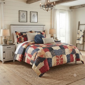 May include: A patchwork quilt bedding set featuring a repeating pattern of red, navy blue, and cream fabric squares. The set includes a large comforter, two matching pillow shams, a round navy blue accent pillow, and a rectangular cream pillow.