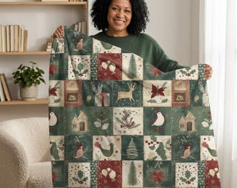 Rustikale Patchwork Familie Weihnachtsdecke, Urlaubsüberwurf Nostalgische Weihnachten Lap Quilt Weihnachtsgeschenk Freunde Familie Mitarbeiter Geschenk