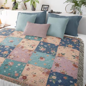 Farmhouse Floral Patchwork Throw Blanket | Woven Blanket, Vintage Cottagecore Checkered