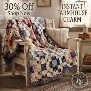 May include: A woven throw blanket featuring a patchwork pattern of various floral and geometric prints in muted tones of blue, red, cream, and yellow, draped over a wooden chair with a cream-colored pillow and text reading 30% Off Shop Now.