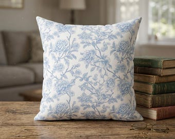Blue Rose Toile Pillow | French Country Floral Cottagecore Throw Pillow