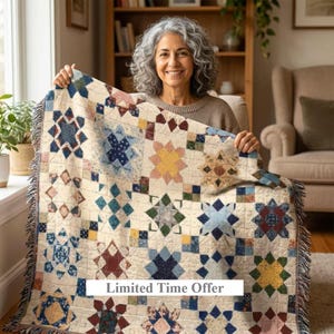 Farmhouse Patchwork Star Woven Blanket | Cotton, Fringed Edges, Cozy Home Décor, House Warming, Wedding, Anniversary Gift