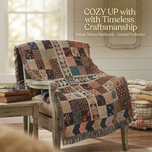 May include: A woven patchwork throw blanket with a multi-colored geometric and floral pattern draped over a wooden chair. The text reads: COZY UP with with Timeless Craftsmanship Artisan Woven Patchwork - Limited Collection.