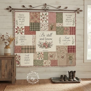 Wees stil en weet | Gewatteerde plaid met inspirerende Bijbelteksten | Patchwork deken met christelijke woondecoratie, geloofscadeau voor vrouwen, religieuze deken