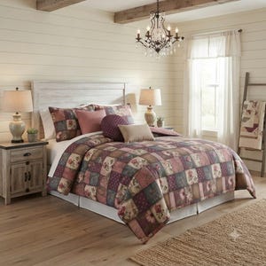 Chateaucore Farmhouse Patchwork Pattern Bedding, Rustic Farmhouse Bedspread, Folk Art Primitive Bedroom Decor