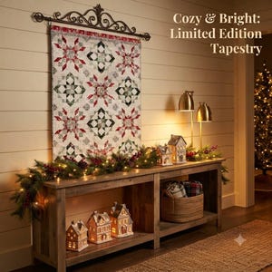 May include: A rectangular wall tapestry featuring a repeating star pattern in red, green, and white, suspended from a black metal rod. The text Cozy & Bright: Limited Edition Tapestry is displayed in the upper right corner of the image.