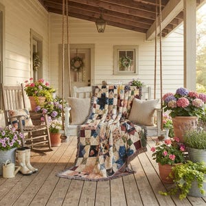 May include: A patchwork quilt with a multi-colored geometric pattern draped over a wooden porch swing. The quilt features various fabric squares in shades of blue, cream, and muted red, accented by potted flowers and a wooden rocking chair nearby.