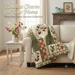 Cherry Patchwork Quilted Throw Blanket | Cottagecore Decor, Farmhouse Bedding, Cute Fruit Aesthetic Accent Blanket, Aesthetic Room Decor
