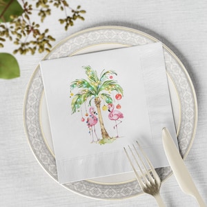 Deck The Palms Napkins | Pink Christmas Flamingo Napkins | Elegant Table Decor | Party Essentials | Holiday Napkins