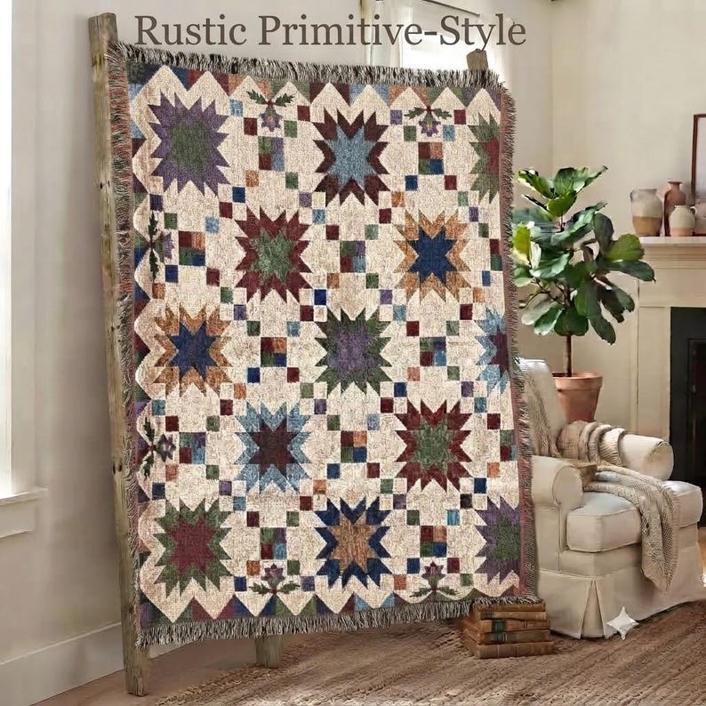 Farmhouse Patchwork Star Woven Throw Blanket, 100% Cotton Heirloom ...