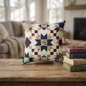 Patchwork Star Pattern Pillow | Vintage Quilt Square Decorative Pillow image 6