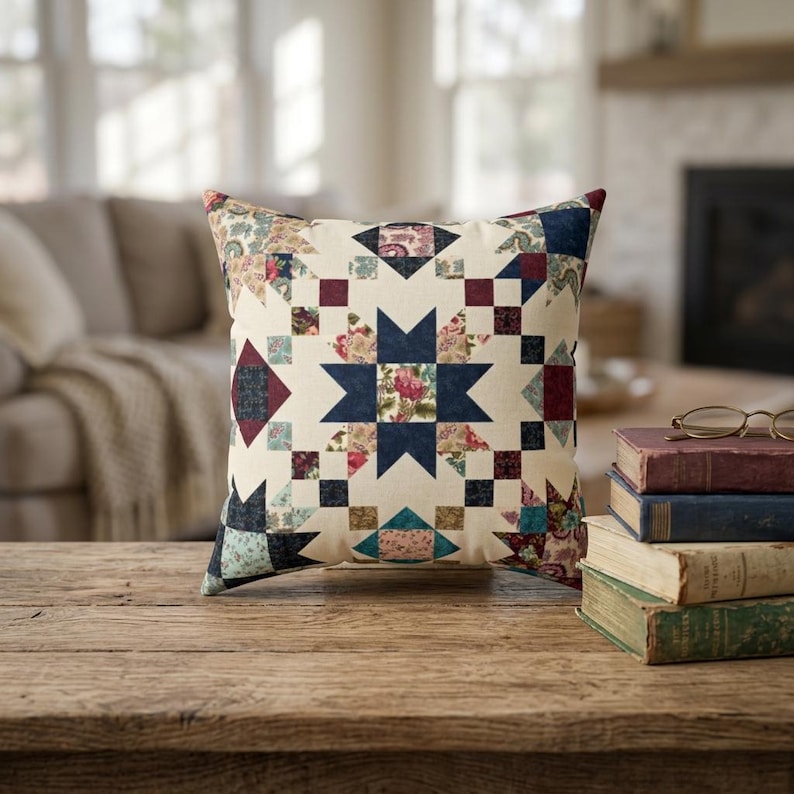 Patchwork Star Pattern Pillow | Vintage Quilt Square Decorative Pillow image 6