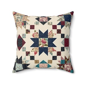 Patchwork Star Pattern Pillow | Vintage Quilt Square Decorative Pillow image 3