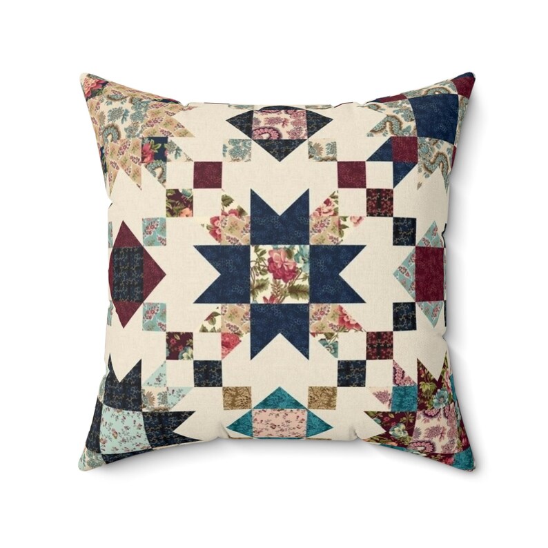 Patchwork Star Pattern Pillow | Vintage Quilt Square Decorative Pillow image 3