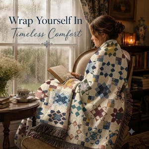 Könnte beinhalten: Eine gewebte Wohndecke mit einem mehrfarbigen Patchwork-Sternmuster in Blau-, Rot-, Gelb- und Grüntönen auf cremefarbenem Grund mit Fransen an den Rändern. Der Text "Wrap Yourself In Timeless Comfort" steht in der oberen linken Ecke.