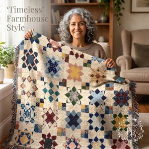 Farmhouse Patchwork Star Inspired Blanket, Woven Cotton Heirloom Throw, Cottagecore Heirloom Decor, Housewarminggift, Christmasblanket