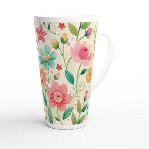 Flowers White Latte 17oz Ceramic Mug | Coffee Mug | Tea Mug | Java Mug