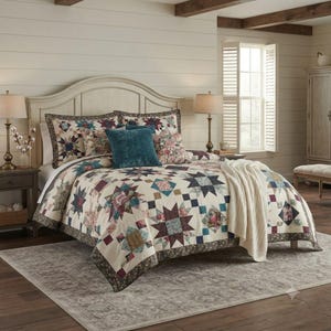 May include: A bed featuring a patchwork quilt with a star pattern in shades of cream, blue, burgundy, and green. The bedding includes matching pillow shams, a solid teal decorative pillow, and a cream-colored knit throw blanket draped over the side.