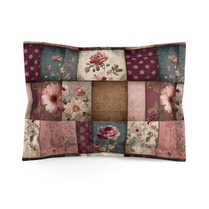 May include: Rectangular pillowcase with a patchwork design. The pillowcase features squares of various floral patterns in shades of pink, burgundy, and teal. Some squares have rose and daisy illustrations. The edges are trimmed with a dark burgundy border.