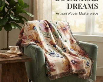 Wildflowers Woven Blanket | Botanical Tapestry Throw | Boho Blanket