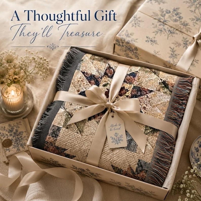 May include: A folded woven throw blanket with a star pattern in shades of beige, brown, and dark blue, featuring fringed edges. The blanket is inside a gift box, tied with a cream satin ribbon and a tag that reads Made to be loved.