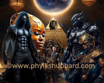 May include: Digital artwork featuring a futuristic, fantasy theme. The image includes figures in armor and hooded attire, set against a backdrop of a pyramid, a planet, and ornate lanterns. The website address "www.phyllishubbard.com" is visible at the bottom.