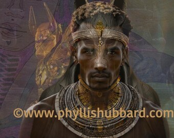May include: Digital art portrait of a person adorned with gold jewelry and a headpiece. The image features a layered composition with a figure in the foreground and stylized figures in the background. The website address www.phyllishubbard.com is visible.
