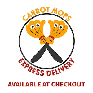 May include: A logo featuring two cartoon carrot mops with smiling faces, orange and black handles, and the text "CARROT MOPS EXPRESS DELIVERY AVAILABLE AT CHECKOUT" in a circular design.