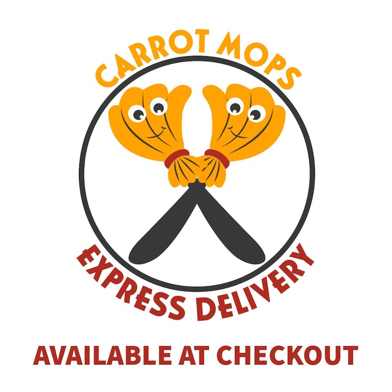 May include: A logo featuring two cartoon carrot mops with smiling faces, orange and black handles, and the text "CARROT MOPS EXPRESS DELIVERY AVAILABLE AT CHECKOUT" in a circular design.