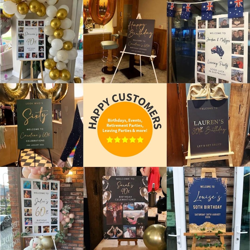 May include: A collage of party signs for birthdays and celebrations. Signs include "Happy Birthday", "Welcome to Caroline's 60th", "Welcome to Lauren's 30th Birthday", and "Welcome to Louise's 50th Birthday".