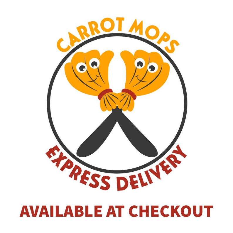 May include: A logo featuring two cartoon carrot mops with smiling faces, orange with red bands, and black handles, inside a black and white circle. The text "CARROT MOPS" arches above the mops, with "EXPRESS DELIVERY" and "AVAILABLE AT CHECKOUT" below.