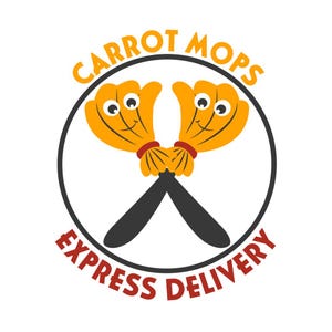 May include: A circular logo featuring two orange, cartoon-style mops with smiling faces and googly eyes, crossed over each other. The text CARROT MOPS is arched above the circle in orange, and EXPRESS DELIVERY is arched below in dark red.