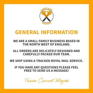 May include: An orange and white graphic with the text "CARROT MOPS CREATIONS" and "GENERAL INFORMATION". The text states the business is a small family business based in the North West of England.