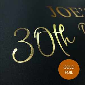 May include: Black background with gold foil text that reads "WELCOME TO JOE'S 30th". A gold foil circle with the words "GOLD FOIL" is in the lower right corner. The text is in a stylish, elegant font.