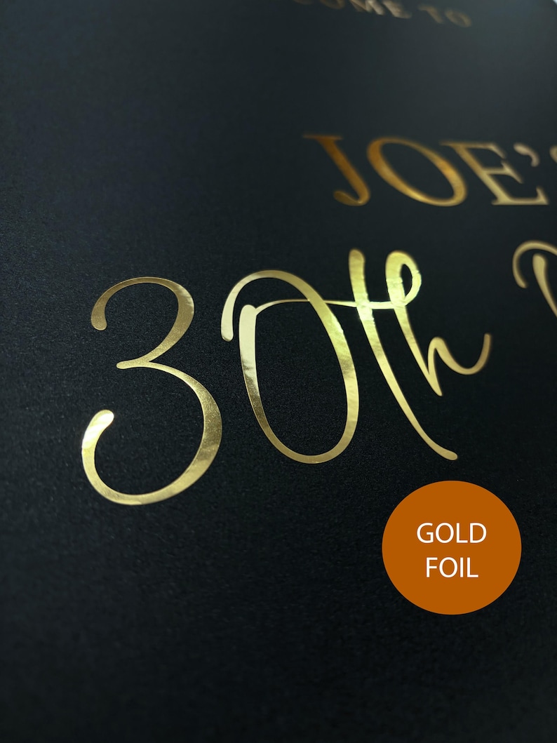 May include: Black background with gold foil text that reads "WELCOME TO JOE'S 30th". A gold foil circle with the words "GOLD FOIL" is in the lower right corner. The text is in a stylish, elegant font.