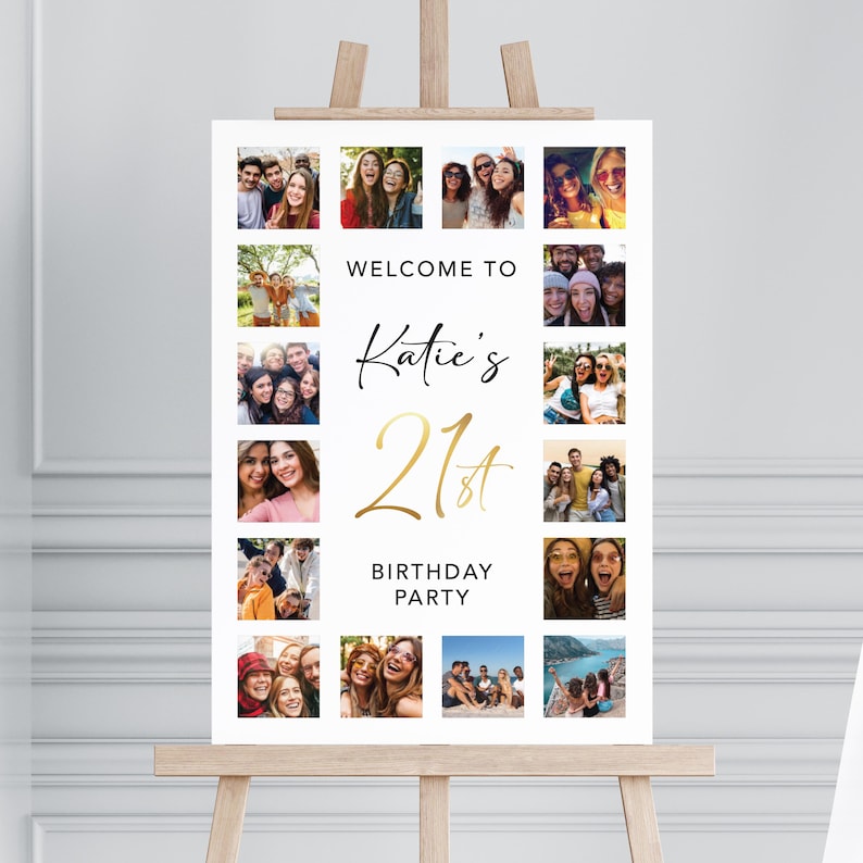 K&ouml;nnte beinhalten: Ein wei&szlig;es Willkommens-Schild mit einer Fotocollage, mit dem Text "Willkommen zu Katie's 21st Birthday Party".