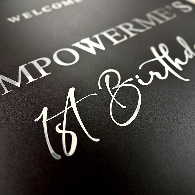 May include: Black cardstock with silver foil lettering that reads "WELCOME EMPOWERME'S 1st Birthday". The text is arranged in a layered design, with the words "WELCOME" and "EMPOWERME'S" at the top and "1st Birthday" in a cursive font below.