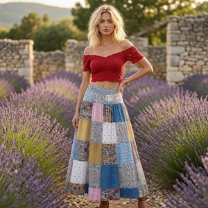 Patchwork Floral Plaid Maxi Skirt, Boho High Waisted Flowy A-Line Summer Skirt