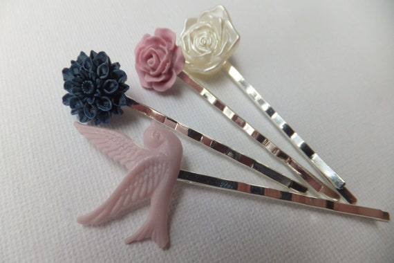 Vintage Pink Bird And Resin Flower Hairclips Four Silver Etsy