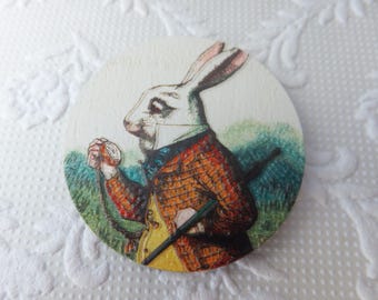 Alice in Wonderland White Rabbit Print Wood Print Brooch