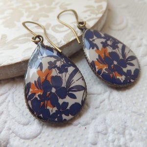 Navy and Orange Flower  Print 18 x 25mm Resin Earrings hung from tall french nickel free  antique bronze hooks