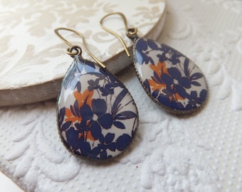 Navy and Orange Flower  Print 18 x 25mm Resin Earrings hung from tall french nickel free  antique bronze hooks