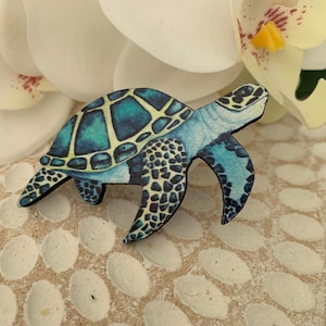 Turquoise Sea Turtle Print Wood Brooch