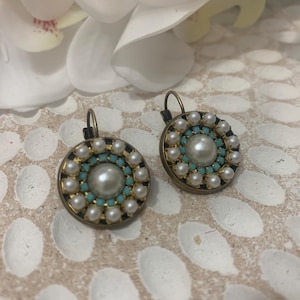 Czech Rhinestone Mosaic Turquoise Crystal and Pearl Earrings in 18mm Nickel Free Antique Bronze Setting - NEW