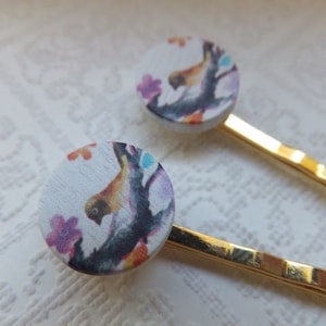 Vintage Bird 2 Wood Photo Print Hairclips - Two clips in gold or bronze or silver
