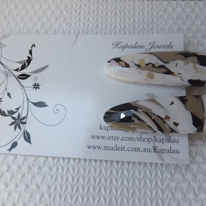 Duo of White, Tan, Marbled Pin, Gold and Black Small Polymer Clay Hairclips - Small sized Alligator Clip