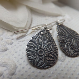 Antique Silver Plated Embossed Petite Teardrop Earrings - on nickel free simple french hooks