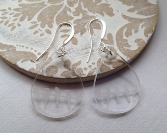 Perspex and Bird Etched Teardrop Drops - etched perspex pendants on nickel free silver french hooks