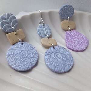 Lilac, Blue Purple Ochre White Detailed Polymer Clay with Surgical Steel Stud or French Hook